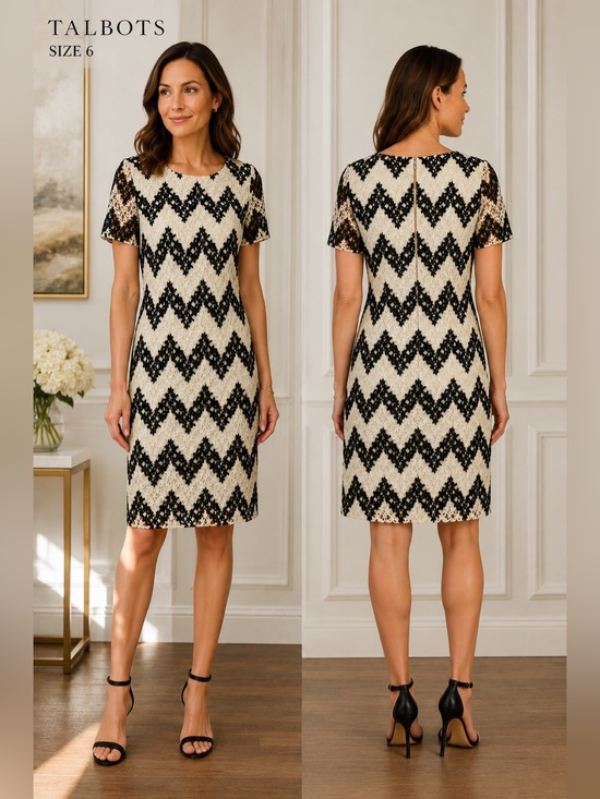 Talbots Dresses & Skirts - Talbots Chevron Crochet Lace Sheath Dress womens  6 Black White Cocktail Career